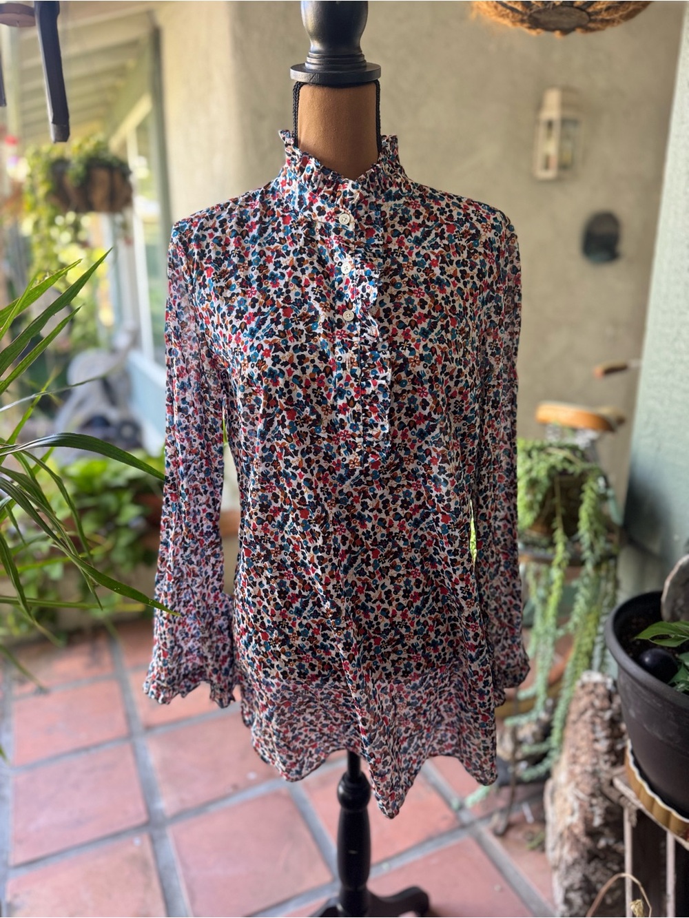 Tory Burch Multicolor Floral Ruffle-Front Long Sleeve Blouse